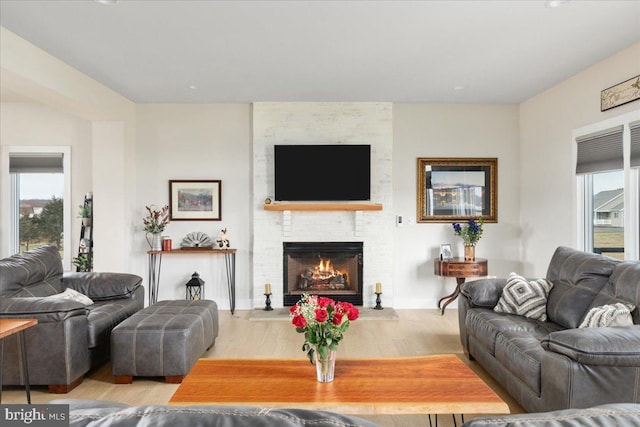 living room with a fireplace and wood finished floors