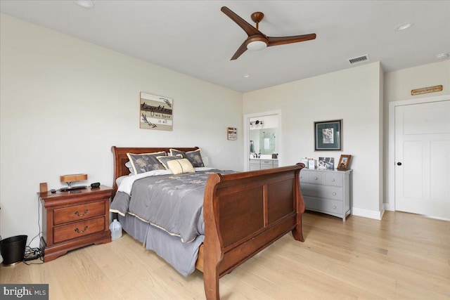 bedroom with ceiling fan, light wood finished floors, visible vents, and recessed lighting