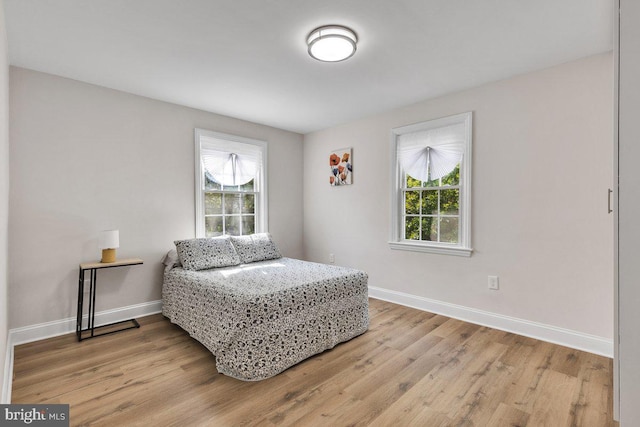 bedroom with multiple windows and light wood-type flooring