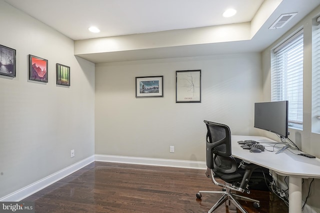 office space featuring dark hardwood / wood-style flooring