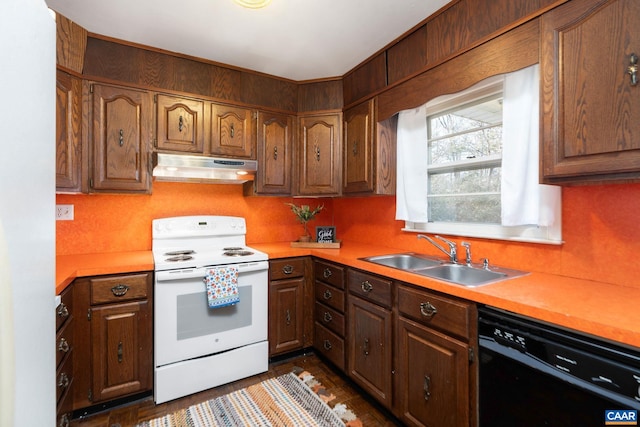 kitchen featuring sink, black dishwasher, and white range with electric stovetop