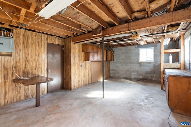 basement with electric panel and wood walls