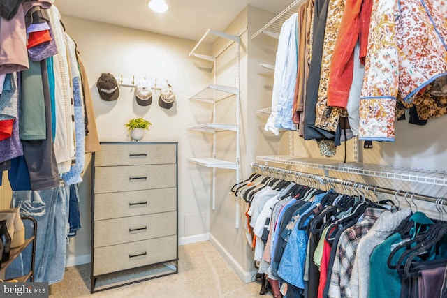 walk in closet with light carpet