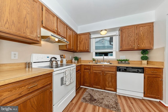 kitchen featuring white appliances, light hardwood / wood-style floors, and sink