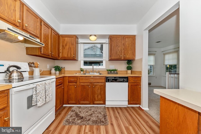 kitchen with white appliances, sink, and light wood-type flooring