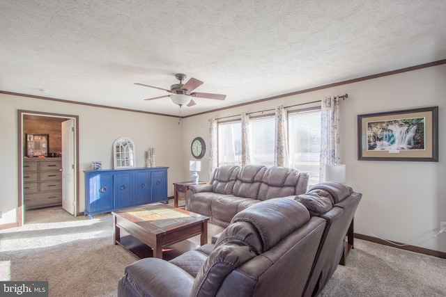 living room featuring ornamental molding, light carpet, and a textured ceiling