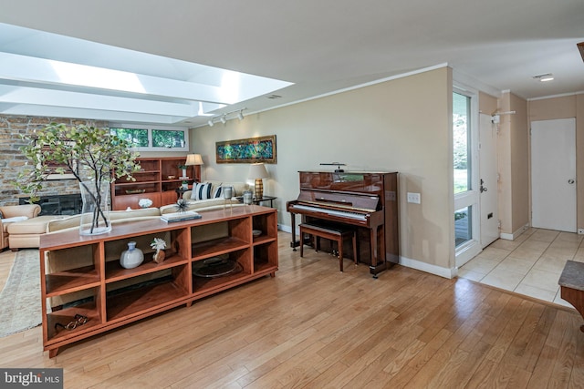 74 Wilson Rd, Princeton, NJ 08540 - living area featuring a skylight, baseboards, ornamental molding, and wood-type flooring