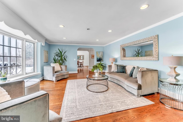 living room with crown molding and light wood-type flooring