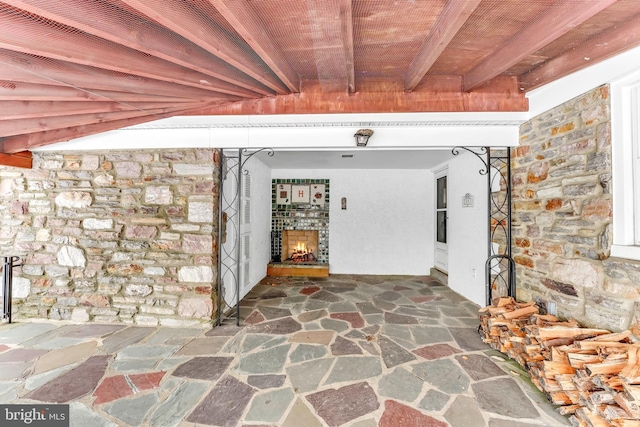 basement featuring a fireplace