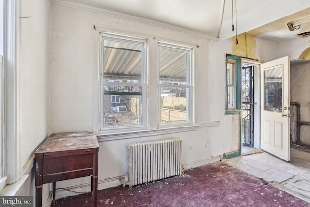 entrance foyer with ornamental molding and radiator heating unit