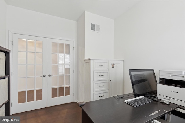 office featuring dark hardwood / wood-style flooring and french doors