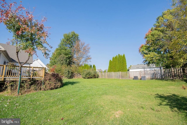 view of yard featuring fence and a wooden deck