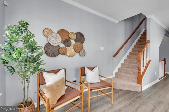 sitting room featuring crown molding and light hardwood / wood-style flooring