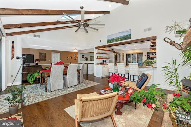 dining space featuring beamed ceiling, ceiling fan, and dark hardwood / wood-style floors