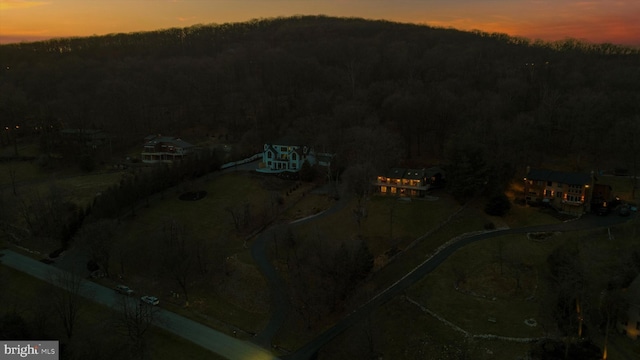 view of aerial view at dusk