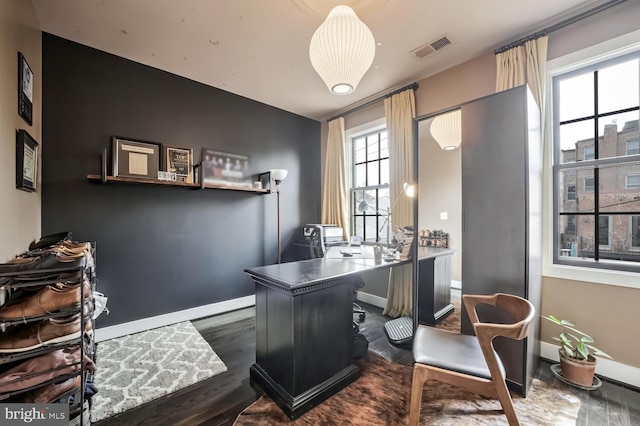 home office featuring dark hardwood / wood-style flooring