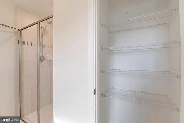 bathroom featuring a shower with shower door