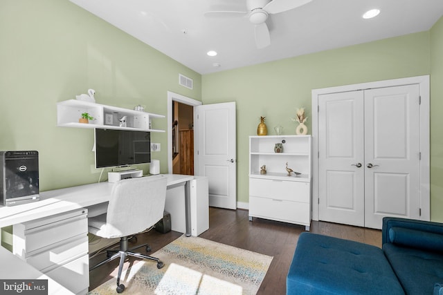 office space featuring dark wood finished floors, visible vents, recessed lighting, and a ceiling fan