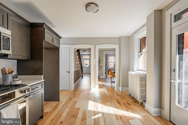 kitchen featuring dark brown cabinetry, radiator heating unit, appliances with stainless steel finishes, and light hardwood / wood-style flooring