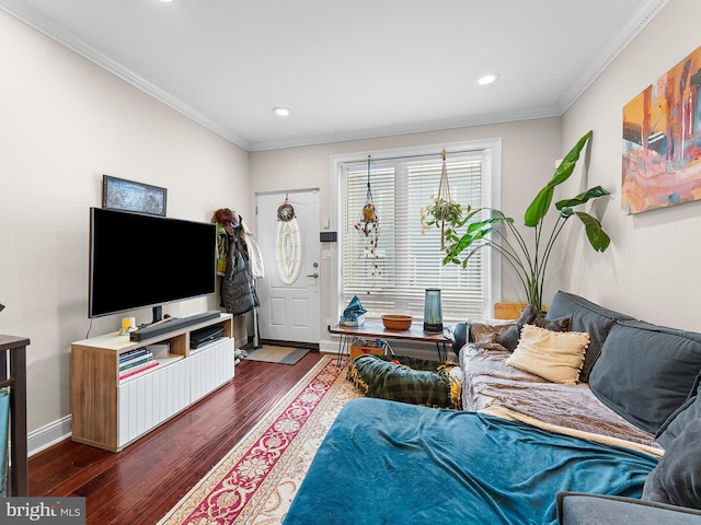 living room featuring crown molding and dark hardwood / wood-style floors