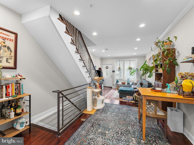 office area featuring crown molding and dark wood-type flooring