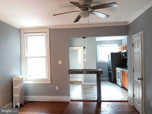 kitchen with white gas stove, light hardwood / wood-style flooring, ornamental molding, radiator heating unit, and pendant lighting