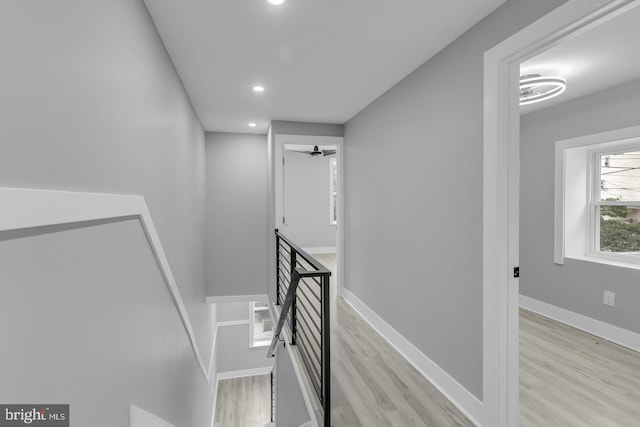 staircase with hardwood / wood-style flooring