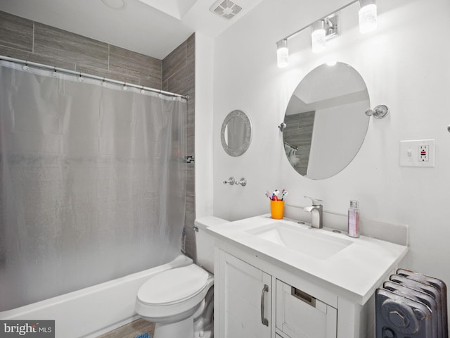 bathroom featuring visible vents, radiator, toilet, vanity, and shower / bathtub combination with curtain