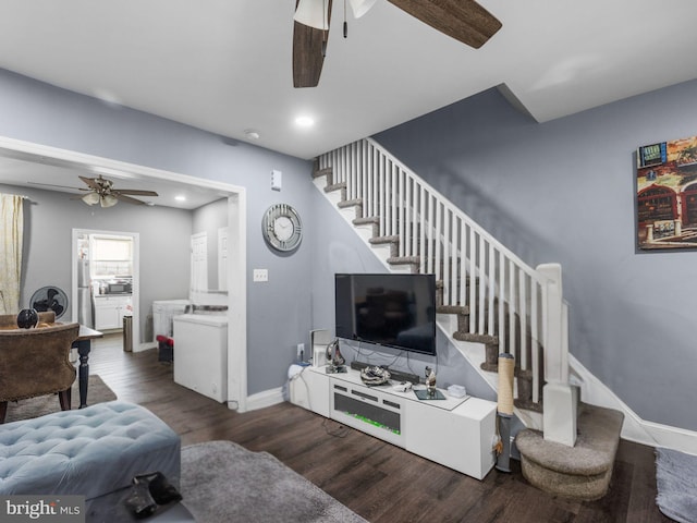 living room with wood finished floors, recessed lighting, baseboards, ceiling fan, and stairs