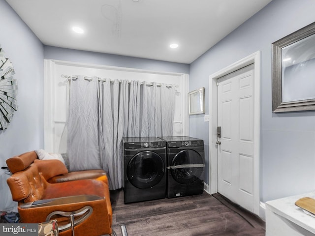 washroom with laundry area, recessed lighting, dark wood-style flooring, and washer and clothes dryer