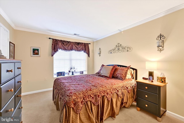 bedroom with crown molding and light carpet