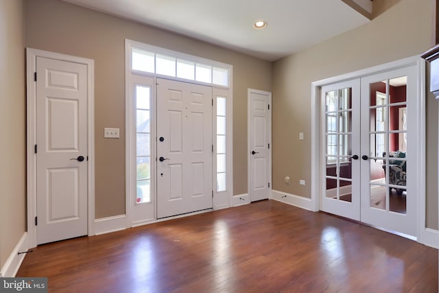 foyer featuring french doors, dark wood-type flooring, and a wealth of natural light