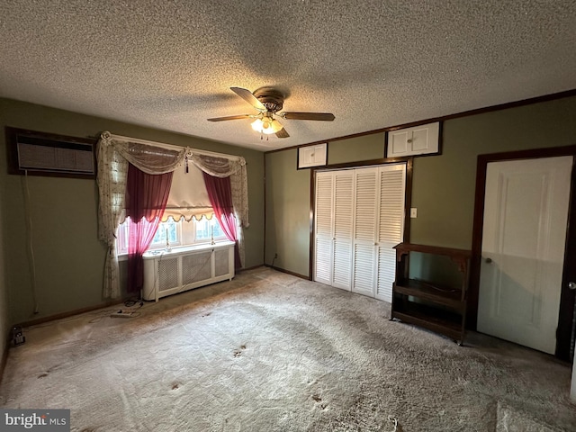 unfurnished bedroom featuring radiator heating unit, a wall mounted air conditioner, ornamental molding, and light carpet