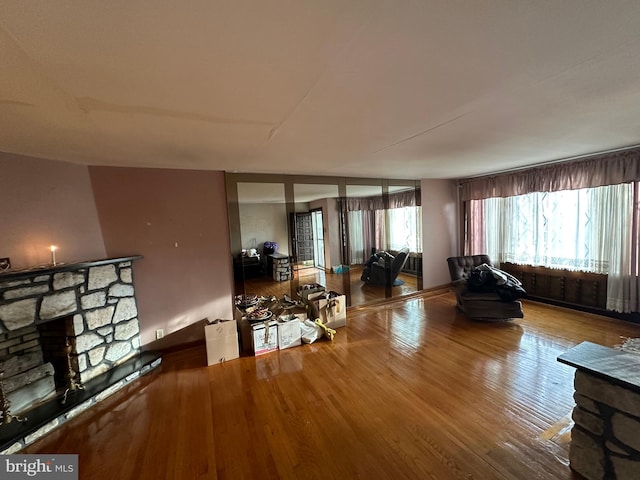 living room featuring hardwood / wood-style flooring and a fireplace