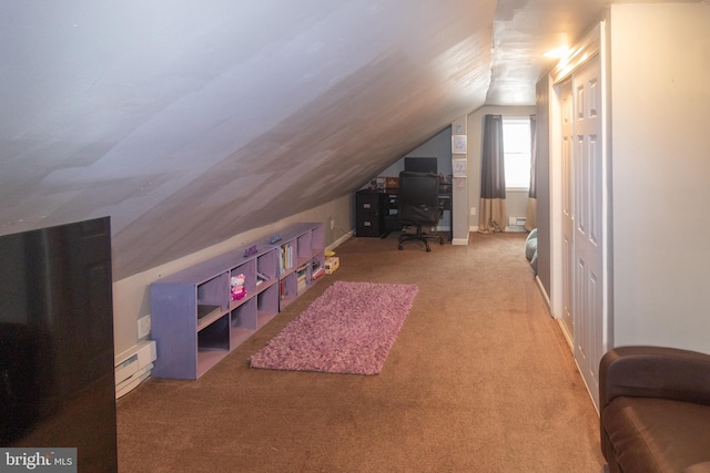 bonus room with carpet flooring, vaulted ceiling, and a baseboard radiator