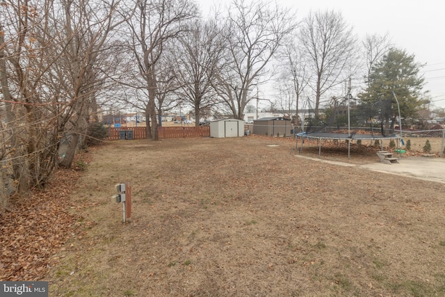 view of yard featuring a trampoline, a storage unit, and a patio area