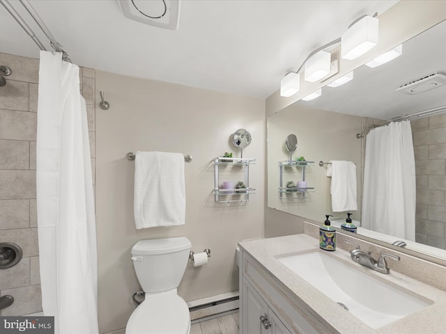 bathroom with baseboard heating, toilet, and a shower with shower curtain