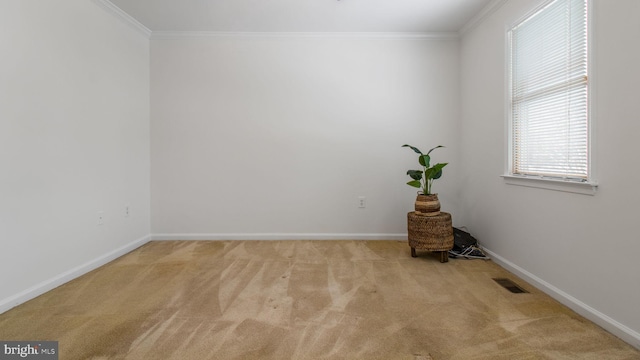 carpeted empty room featuring ornamental molding