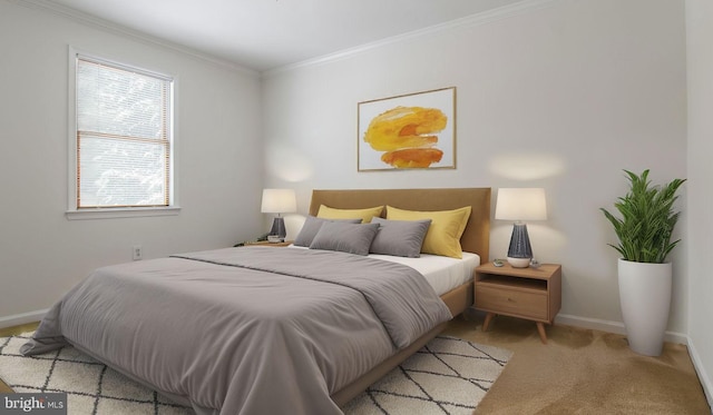 carpeted bedroom featuring crown molding