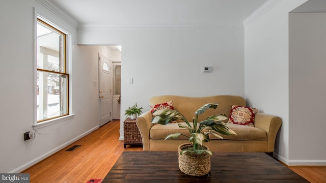 living room featuring hardwood / wood-style flooring and crown molding