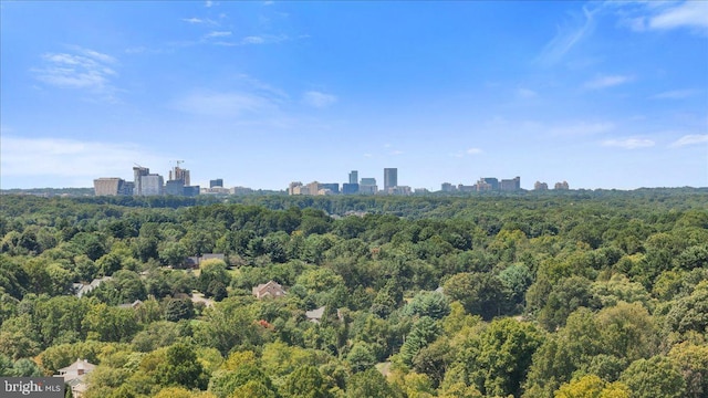 bird's eye view with a view of city and a wooded view