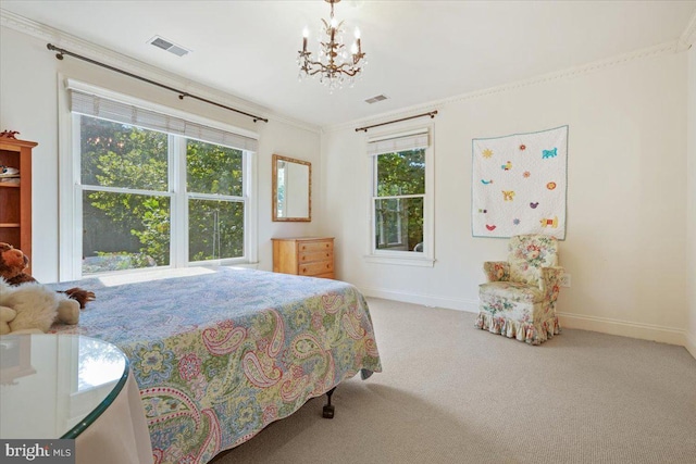 carpeted bedroom featuring a chandelier, visible vents, crown molding, and baseboards