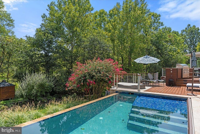 view of swimming pool with a deck