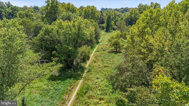 birds eye view of property with a forest view