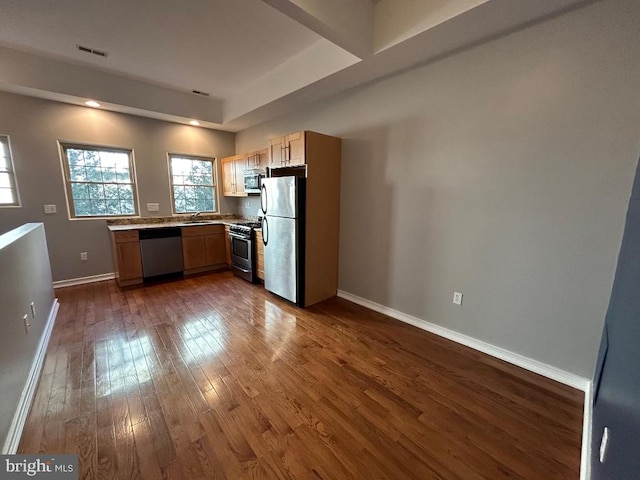 kitchen featuring stainless steel appliances, dark hardwood / wood-style flooring, sink, and a tray ceiling