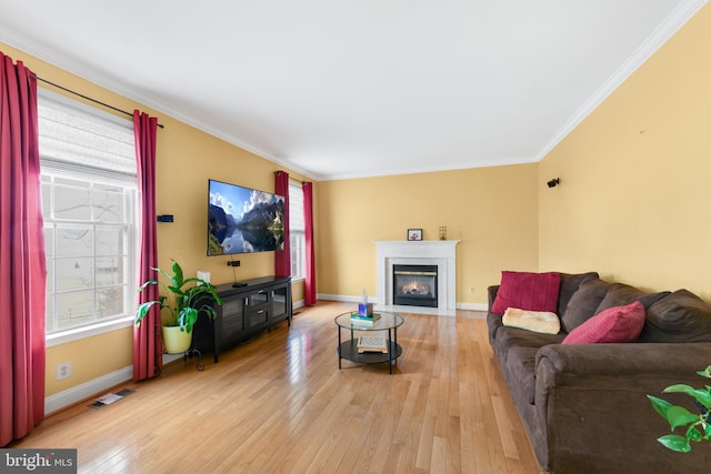 living room with ornamental molding and light hardwood / wood-style floors