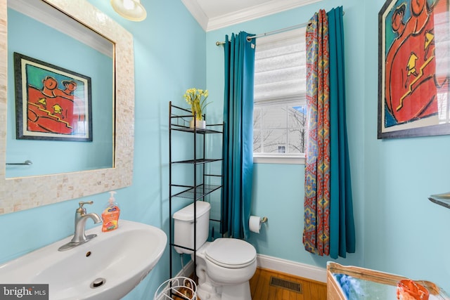 bathroom with ornamental molding, toilet, sink, and plenty of natural light