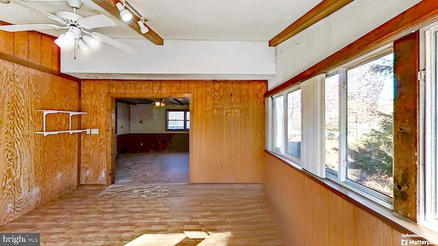 corridor featuring a healthy amount of sunlight and wood walls