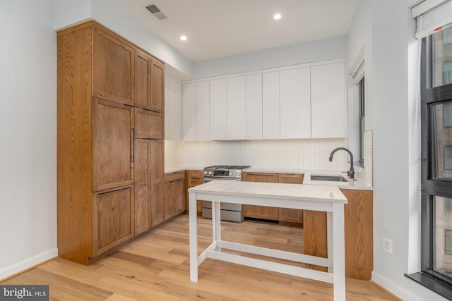 kitchen with backsplash, light hardwood / wood-style floors, sink, and stainless steel gas range oven