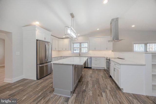 kitchen with stainless steel appliances, a sink, white cabinetry, dark wood-style floors, and island exhaust hood